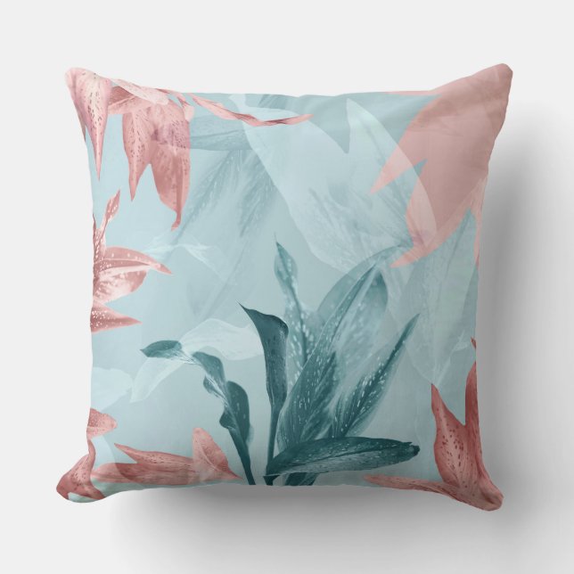 Modern Trendy Exotic Blue Pink Tropical Leaves Cushion (Front)