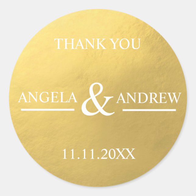 Modern Trendy Faux Gold Foil & White Wedding Classic Round Sticker (Front)