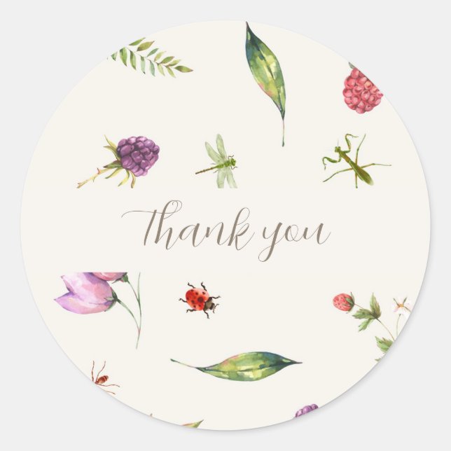 Modern Trendy Floral Bugs Woodland Thank You  Classic Round Sticker (Front)