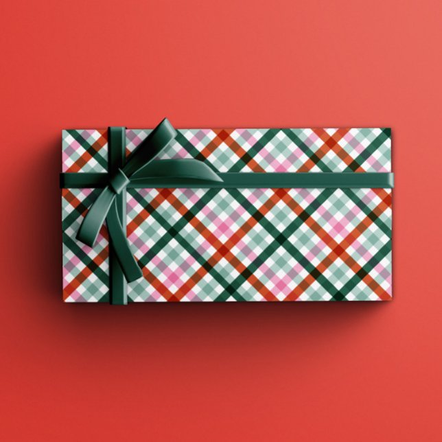 Modern Trendy Gingham Christmas Gift Wrapping Paper Sheet (Modern Gingham Christmas gift-wrapping sheets, with pink, red, and green a trendy holiday pattern.)