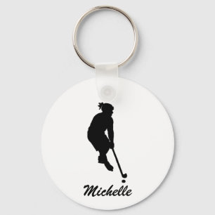 Modern Trendy Girl Playing Ice Hockey Personalised Key Ring