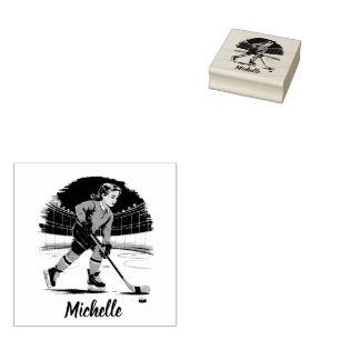 Modern Trendy Girl Playing Ice Hockey Personalised Rubber Stamp