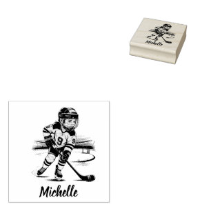 Modern Trendy Girl Playing Ice Hockey Personalised Rubber Stamp