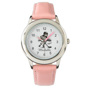 Modern Trendy Girl Playing Ice Hockey Personalised Watch