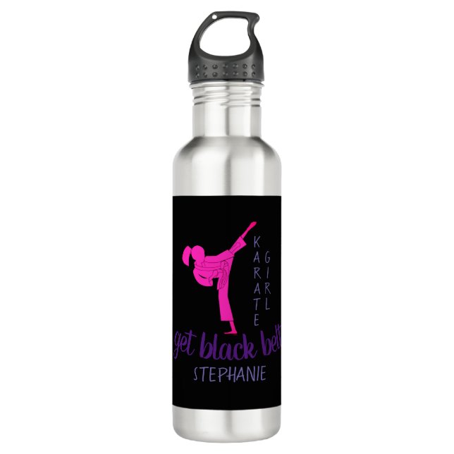 Modern Trendy Girly Black Pink Karate Silhouette 710 Ml Water Bottle (Front)