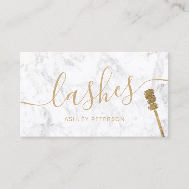 Modern trendy girly gold lashes brush white marble business card (Front)