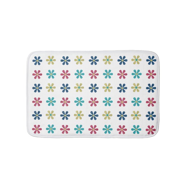 Modern & Trendy Gold Blue Glitter Flowers Bath Mat (Front)