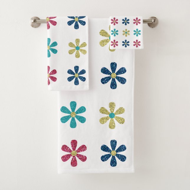 Modern & Trendy Gold Blue Glitter Flowers Bath Towel Set (Insitu)