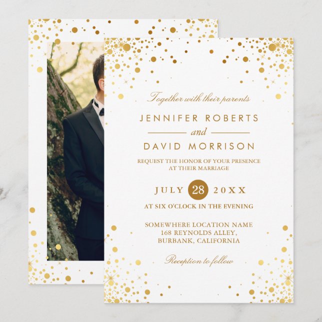 Modern Trendy Gold Confetti Dots Wedding Photo Invitation (Front/Back)