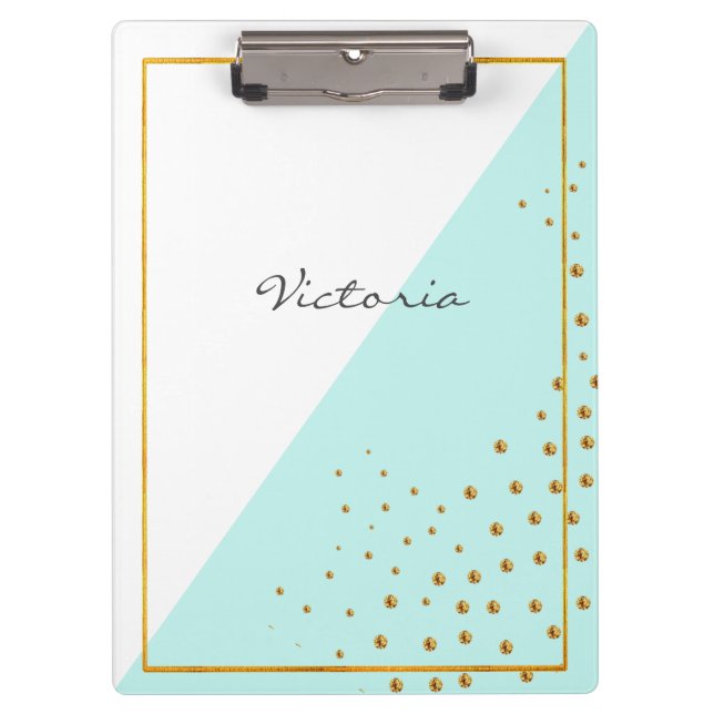 Modern Trendy Gold Dots Mint Add Your Name Clipboard (Front)