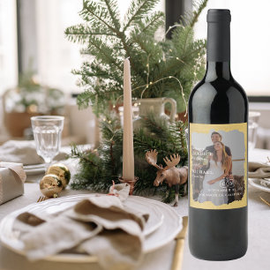 Modern Trendy Gold Frame Photo Wedding Wine Label