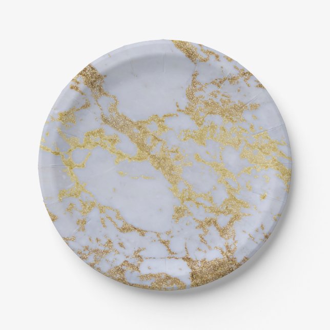 Modern Trendy Gold Glitter Marble Paper Plate (Front)