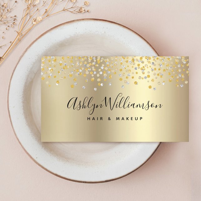 Modern trendy gold hair salon makeup artist luxury business card (Creator Uploaded)