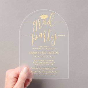 Modern Trendy Gold Script Grad Party Translucent  Acrylic Invitations