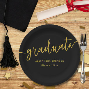 Modern Trendy Gold Script Graduation Party Paper Plate