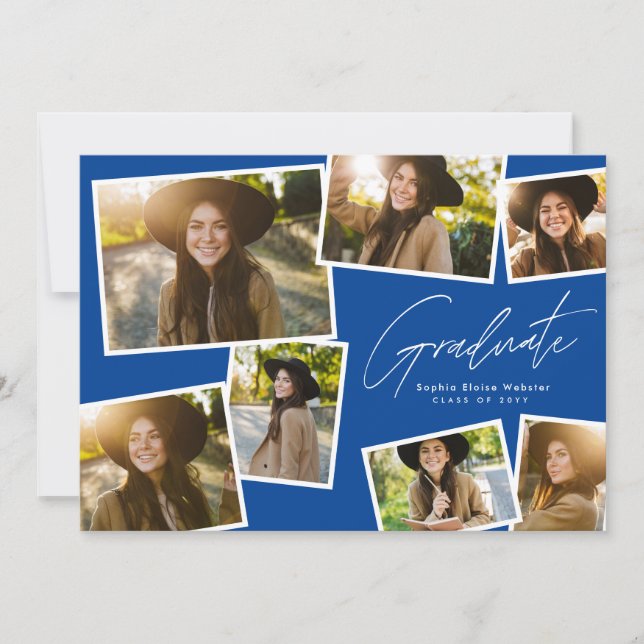 Modern trendy graduate 7 photo blue graduation announcement (Front)