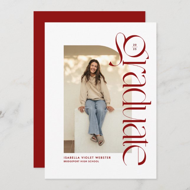 Modern trendy graduate red photo graduation invitation (Front/Back)