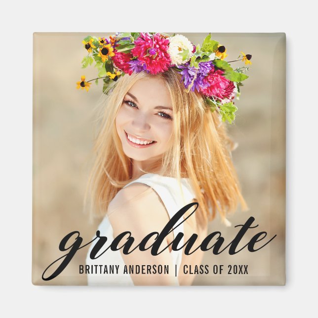 Modern Trendy Graduation Photo Announcement Sq Magnet (Front)