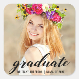 Modern Trendy Graduation Photo Announcement Square Sticker