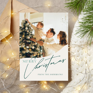 Modern Trendy Green Merry Christmas Family Photo Holiday Card