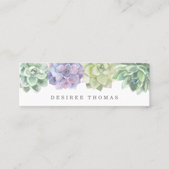 Modern Trendy Green Purple Watercolor Succulents Mini Business Card (Front)