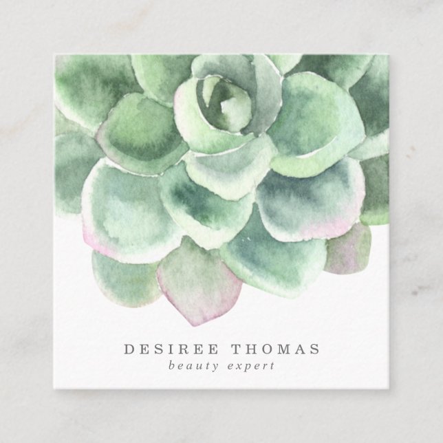 Modern Trendy Green Watercolor Succulents Square Square Business Card (Front)
