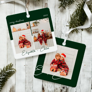 Modern Trendy Green & White Name Monogram 3 Photo  Metal Tree Decoration