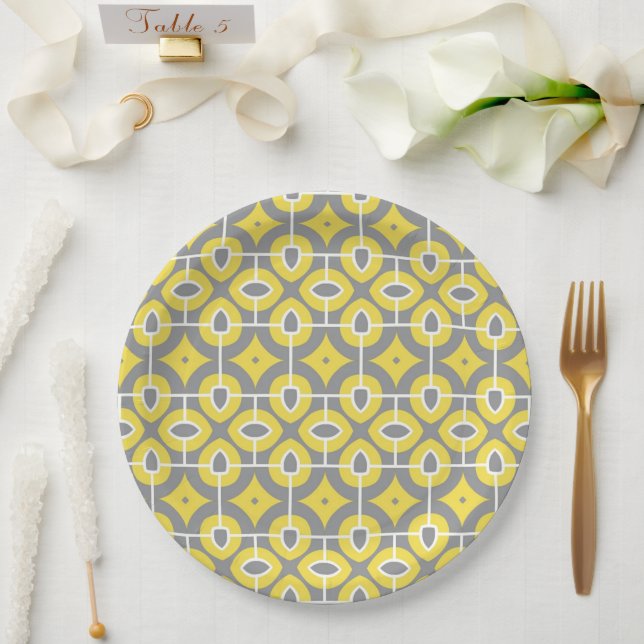 Modern Trendy Grey and White Mosaic Pattern  Paper Plate (Wedding)