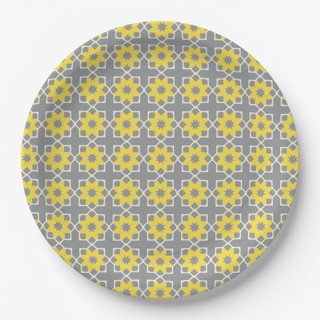 Modern Trendy Grey and Yellow Flowers  Paper Plate (Front)