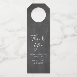 Modern trendy grey. Chalkboard wedding thank you Bottle Tag