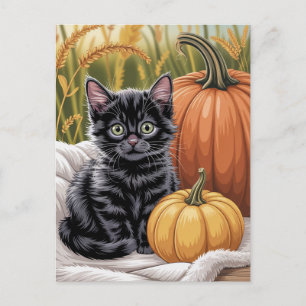 Modern Trendy Halloween Pumpkins and Black Cat Postcard
