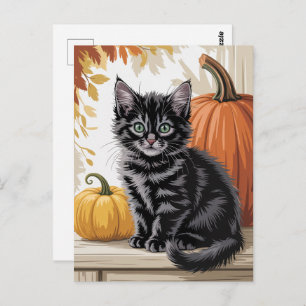 Modern Trendy Halloween Pumpkins and Black Cat Postcard