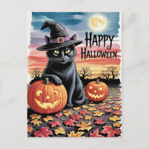 Modern Trendy Halloween Pumpkins and Black Cat Postcard