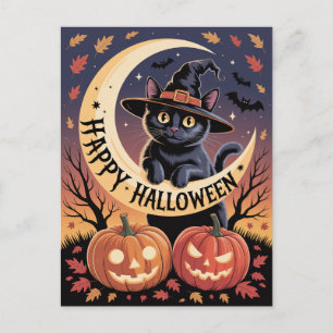 Modern Trendy Halloween Pumpkins and Black Cat Postcard