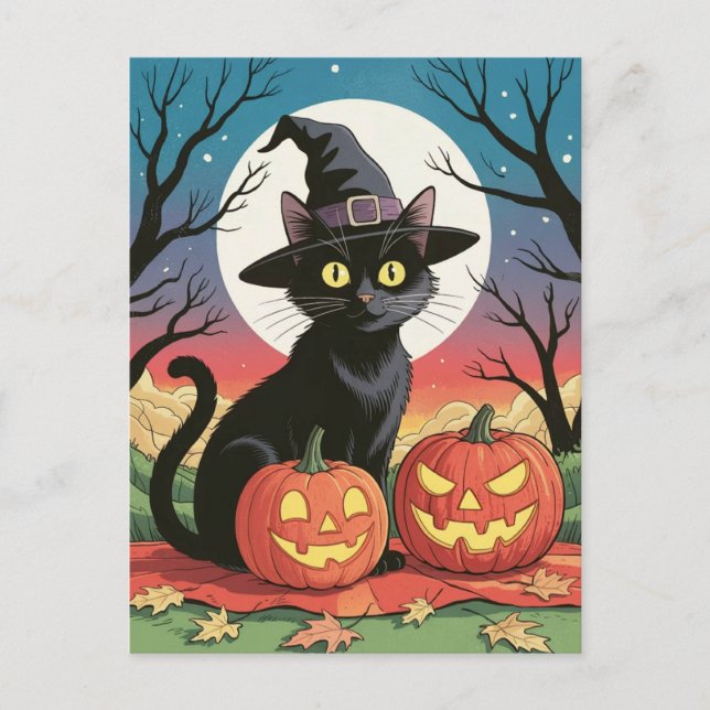 Modern Trendy Halloween Pumpkins and Black Cat  Postcard (Front)