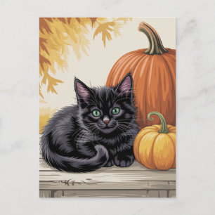 Modern Trendy Halloween Pumpkins and Black Cat Postcard