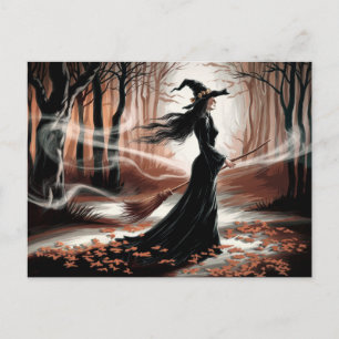 Modern Trendy Halloween Witch in Forest Postcard