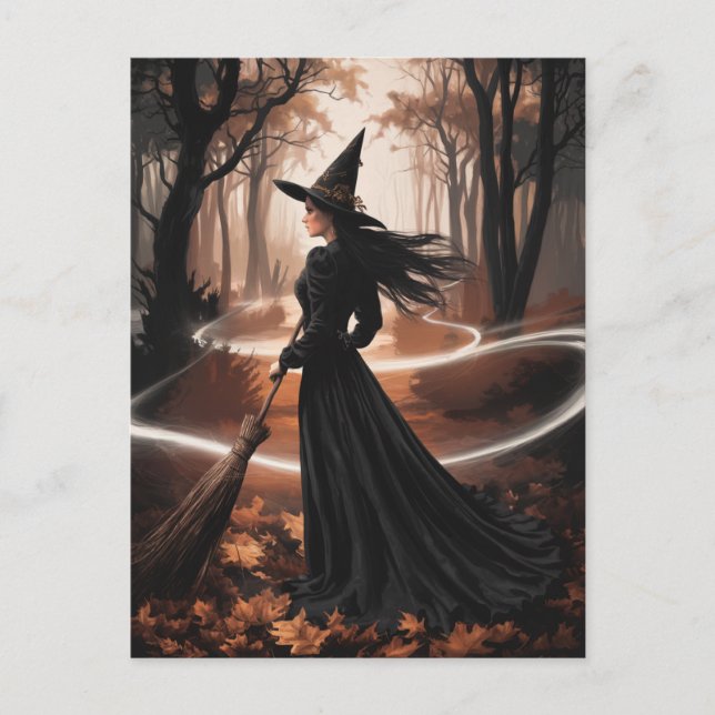 Modern Trendy Halloween Witch in Forest            Postcard (Front)