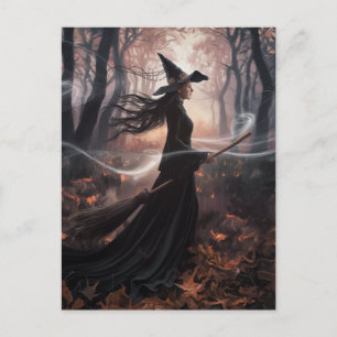 Modern Trendy Halloween Witch in Forest Postcard