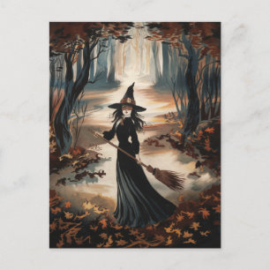 Modern Trendy Halloween Witch in Forest Postcard