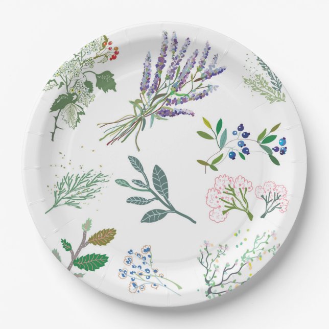 Modern trendy Herbs and foliage green and white Paper Plate (Front)