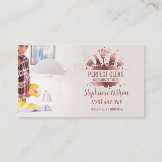 Modern Trendy House Cleaning Maid Janitorial Busin Business Card (Front)