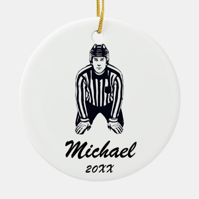 Modern Trendy Ice Hockey Referee Personalised  Ceramic Tree Decoration (Front)