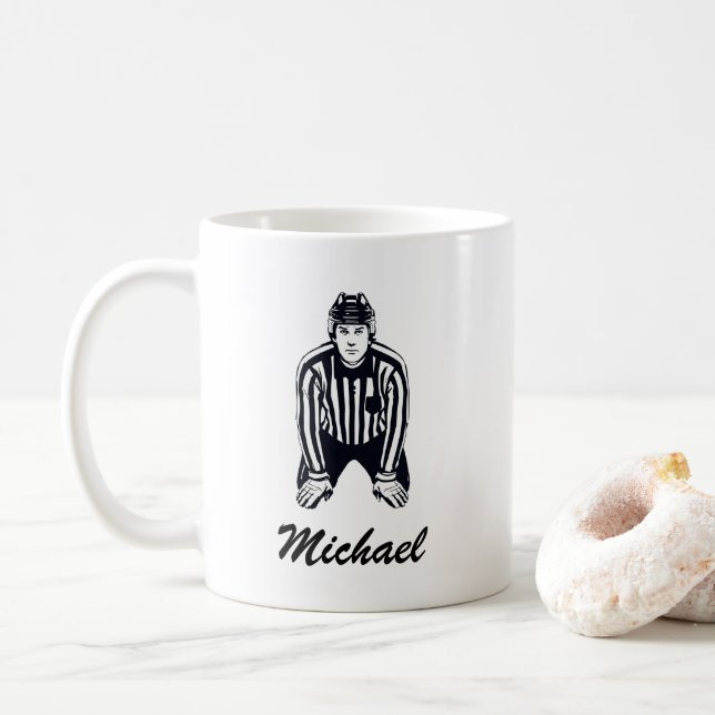 Modern Trendy Ice Hockey Referee Personalised  Coffee Mug (With Donut)