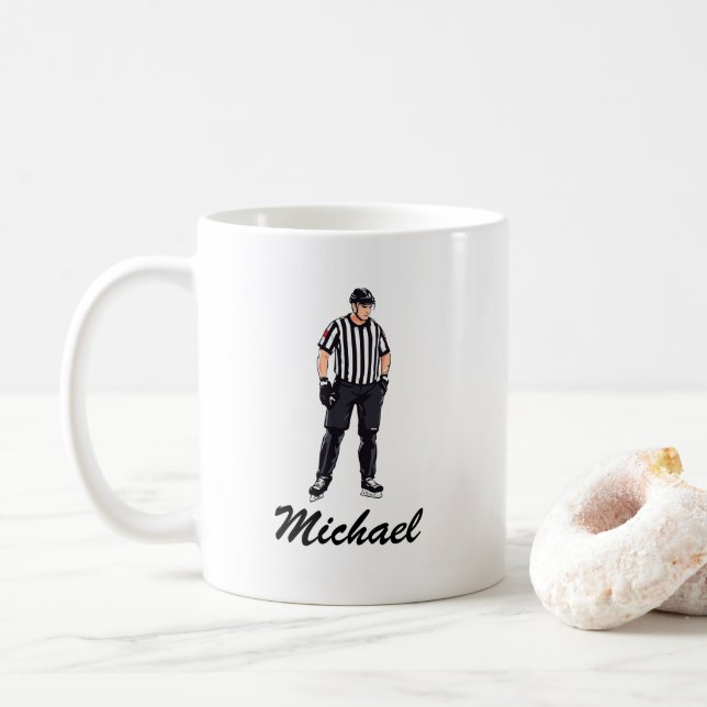 Modern Trendy Ice Hockey Referee Personalised  Coffee Mug (With Donut)