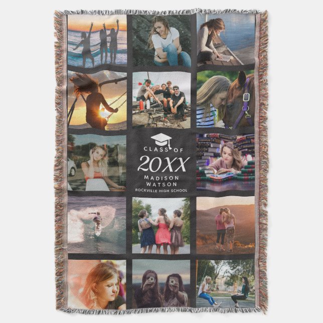 Modern Trendy Instagram Graduate Photo Collage Throw Blanket (Front Vertical)
