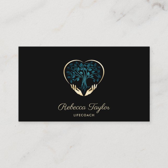 modern trendy life coach tree of life hands heart business card (Front)