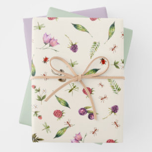 Modern Trendy Lilac Woodland Wildflowers Insects Wrapping Paper Sheet