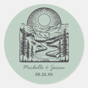Modern Trendy Line Art Mountains Wedding Classic Round Sticker