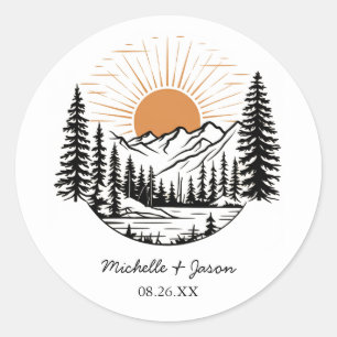 Modern Trendy Line Art Mountains Wedding Classic Round Sticker